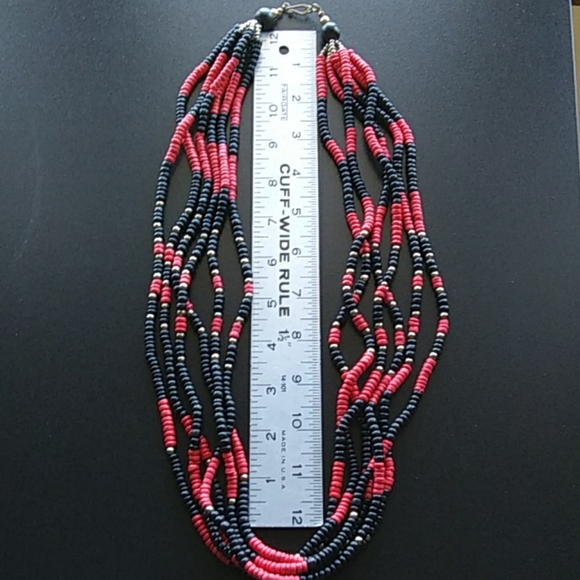 Necklace 6 Strand 24" Red and Black - Picture 3 of 4